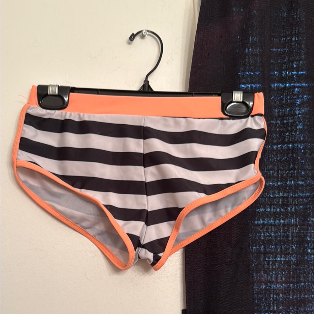 Striped Black and White Swim Shorts with Orange Trim